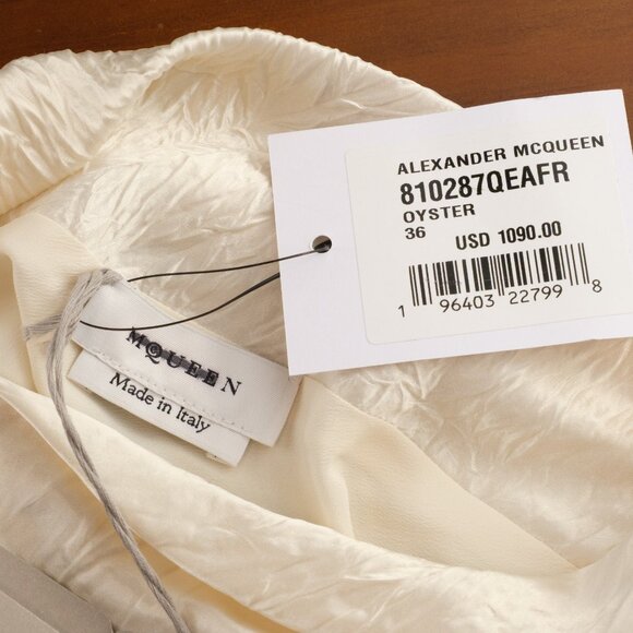 Alexander McQueen Asymmetrical Ruched Smashed Satin Top, Oyster, IT 36 (US 0) - Picture 8 of 14